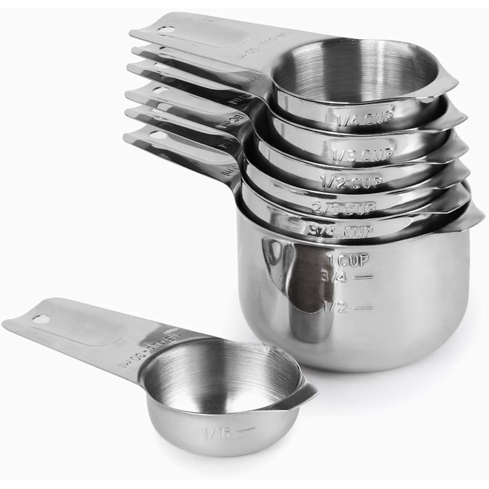 Set of 7 Measuring Cups with 1/8 Cup Coffee Scoop, Stainless Steel Metal Measuring Cups, 7-Piece Stackable Set with Spout - Accurate Measurement