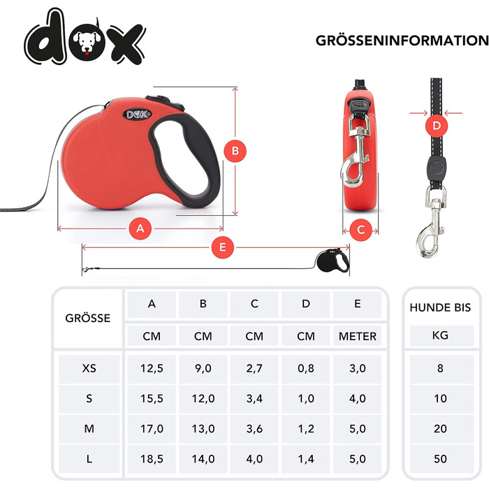 Рулетка для собак DDOXX - міцна, світловідбиваюча, до 10 кг, 4 м (червона)