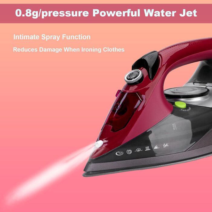 Відпарювач для одягу 3000W з керамічною підошвою - відпарювач з кабелем, самоочищення, резервуар 340мл, автоматичне вимкнення, червоний