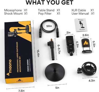 MAONO PM500T XLR Конденсаторний мікрофон з діафрагмою 34 мм, корпус із цинкового сплаву преміум-класу, студійний мікрофон для запису, подкастингу та стрімінгу