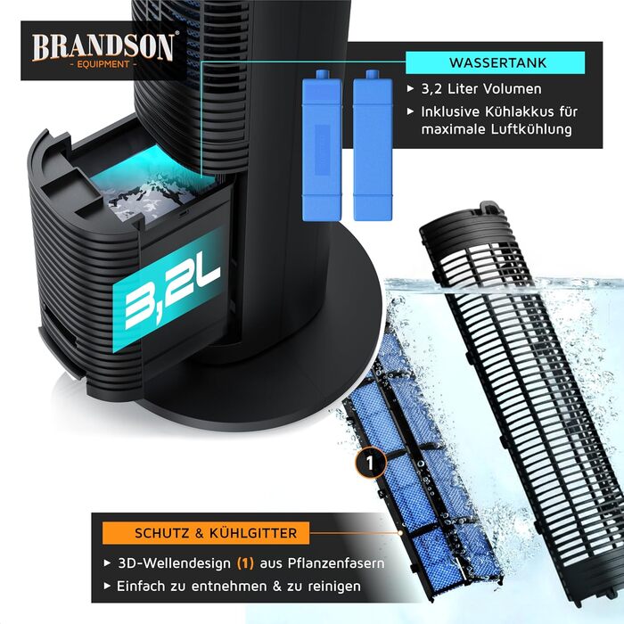 Вентилятор з водяним охолодженням Brandson ECO Design – тихий DC мотор, 9 швидкостей, таймер, іонізація, пульт керування (чорний)