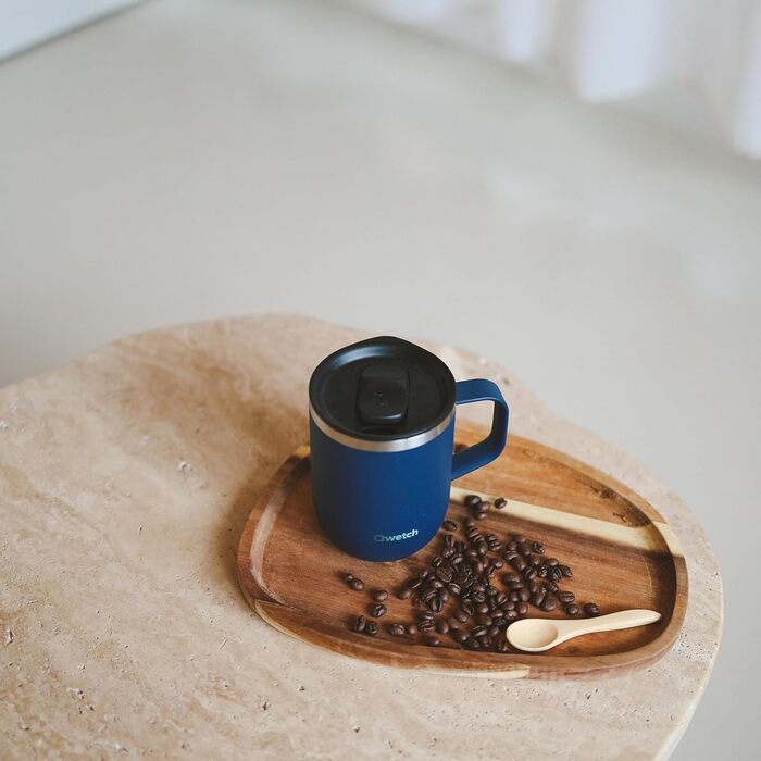 Qwetch Stainless Steel Insulated Travel Mug - 350ml - Blue - Leakproof Lid, Reusable, Tea Filter Compatible