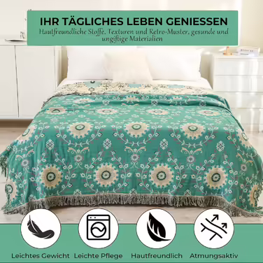 Двосторонній плед HOORDRY Boho з бахромою, 230x250 см, 100% бавовна, зелено-бежевий, з малюнком соняшників для дивана, ліжка, крісла