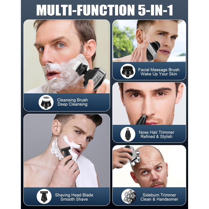 Електричний гоління для чоловіків Glatzen, водонепроникний IPX6, 6D гнучкий гоління, 5 ротаційних голівки, 120 хвилин роботи від акумулятора