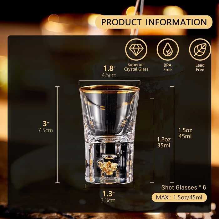 Набір келихів для шнапсу DUJUST 4cl (6 шт.) з кришталю, декоровані 24K золотом, без BPA та свинцю