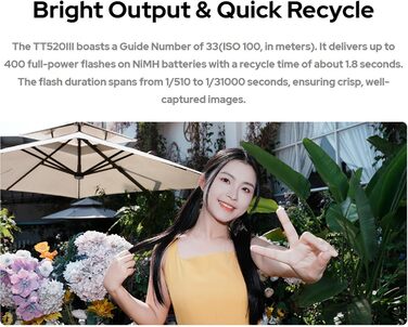 Спалах для камери Godox TT520III, швидка зарядка 1.8с, 400x потужність, сумісний з Canon, Nikon, Panasonic, Olympus, Pentax (без TTL)