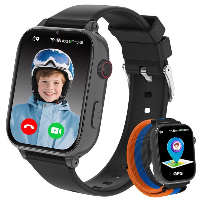 Дитячий розумний годинник GPS з телефоном та 4G, чорний: відеодзвінки, чат, шкільний режим, ігри, калькулятор, крокомір