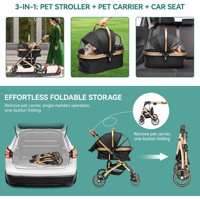 Візок для собак YITAHOME 3 в 1, до 22 кг, чорний. Складаний, для маленьких собак та котів