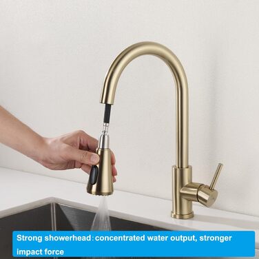 Кухонний змішувач з висувною лійкою, 3 режими струменя, поворотний на 360°, високого тиску, для кухні, матовий золотий