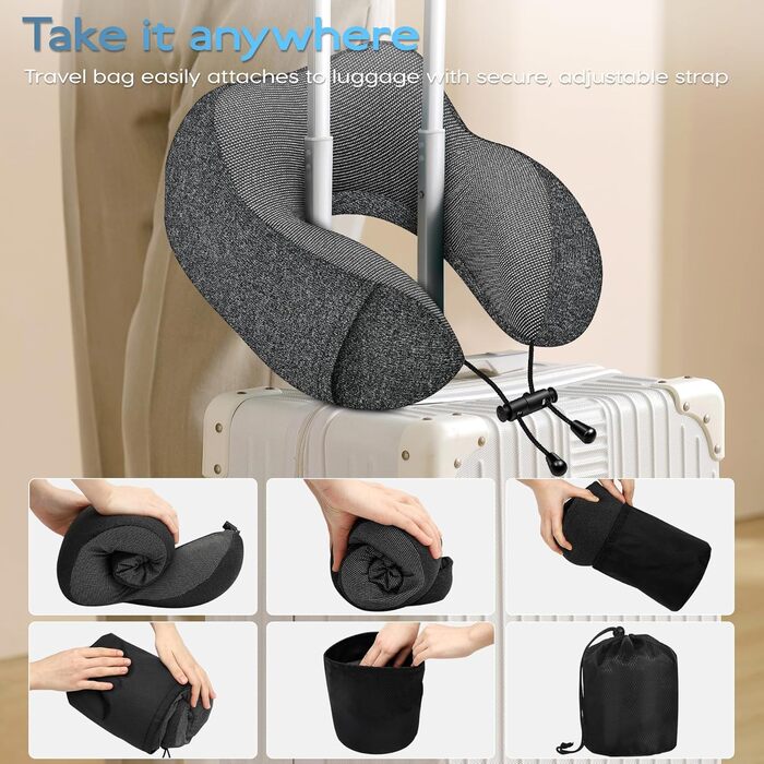 Подушка для шиї у літак - подушка для подорожей 100% Memory Foam - портативна подушка для літака - з 3D-маскою для сну та берушами - ідеальна для літака, авто, дому, офісу, подушка для сну (Сіра)