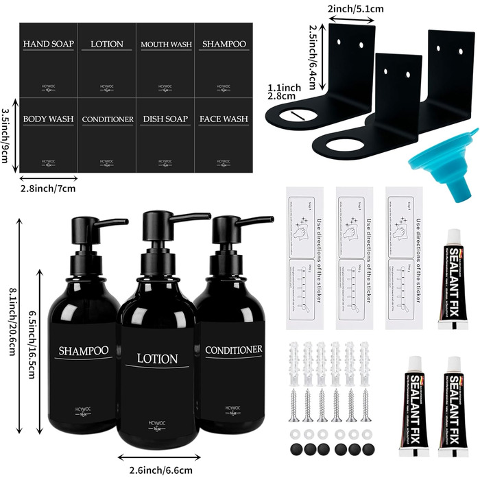 Набір дозаторів для мила та шампуню на стіну, 500 мл, 3 шт., без свердління, колір бурштиновий (чорна пляшка + чорний насос)