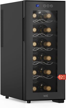 WIE 33 Liter Wine Fridge - 1 Zone, 12 Bottle Capacity, Mini Wine Cooler with Glass Door & LED Touch Panel, Anti-UV