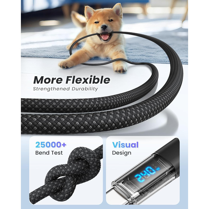 Кабель USB-C RAVIAD: Швидка зарядка PD3.1, 240W, 2м, нейлон, чорний. Сумісний з iPhone, Galaxy, Pixel, iPad, MacBookAir