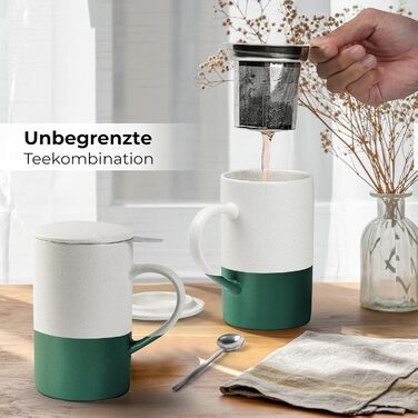 Набір чашок для чаю Miamio 2 шт по 500 мл з кришкою та ситом, керамічні чайники з чайним ситом та ложкою для заварювання листового чаю, подарунок для жінок, безпечні для мікрохвильової печі та посудомийної машини (Темно-зелений)