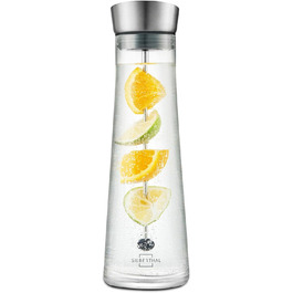 Glass giraffe carafe with lid and fruit skewer - stainless steel lid opens with a tilt - water carafe with fruit strainer, transparent