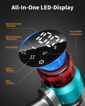 Акумуляторний бездротовий пилосос 600W 60KPa з дисплеєм, щіткою від шерсті тварин та настінною стацією зарядки, зелений