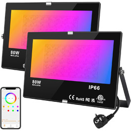 DUSKTEC LED Floodlight Outdoor RGB, Colorful Floodlight 80W, Dimmable Outdoor Floodlight with APP, Bluetooth Outdoor Floodlight with Plug Color Changing Warm White, Tree Floodlight IP66 Waterproof for Garden (80 Watts, 2)