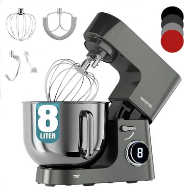 Кухонна машина Heinrichs 2500W з двома гаками для тіста, міксером та вінчиком, 8 швидкостей, чаша 7л з нержавіючої сталі, тиха, з титановим покриттям