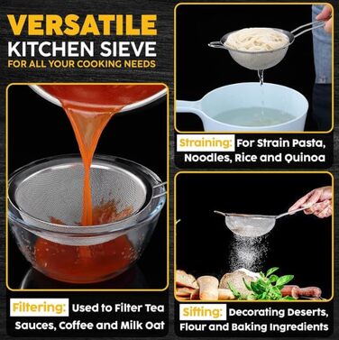 Набір сит Jojeys (20 см) - 3 розміри, нержавіюча сталь, кухонне сито для приготування та випікання, миється в посудомийній машині