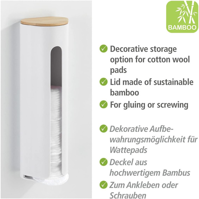 Тримач для ватних дисків WENKO Laresa, білий/натуральний, з бамбука та пластику, 8 x 25 x 6,5 см
