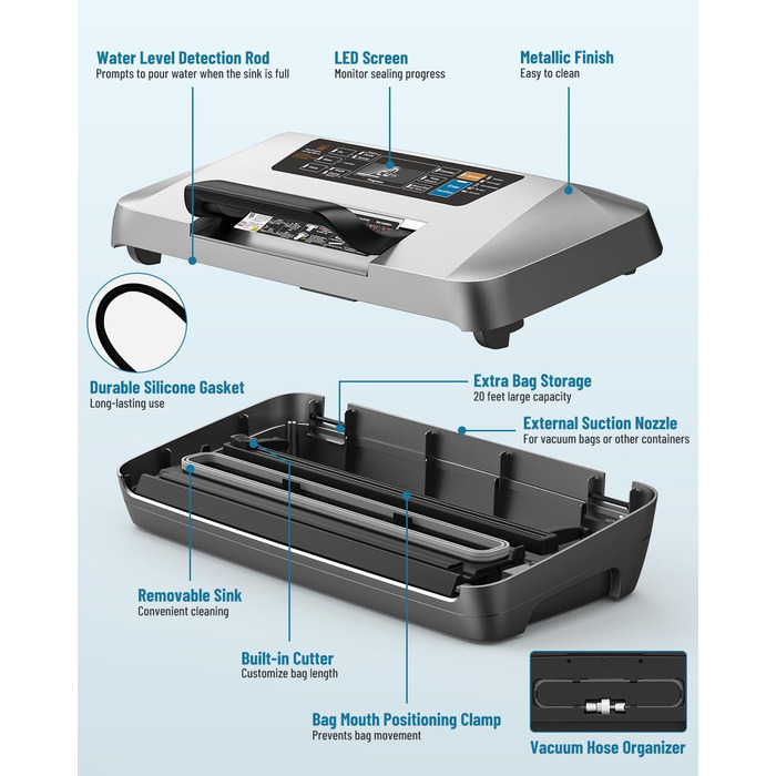 Професійний вакуумний пакувальник DXstring Vakuumiergerät Profi: 12 функцій, 95kPa, подвійний шов, для продуктів харчування