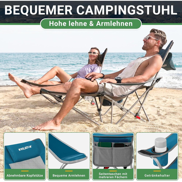 Кемпінговий стілець-шезлонг WEJOY 2-в-1: складаний стілець для пляжу та відпочинку з регульованою спинкою, підставкою для ніг, тримачем для напоїв, сірий/блакитний