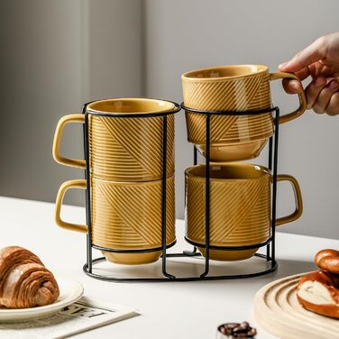 Набір кавових чашок з підставкою: 4 шт., 370 мл, кераміка, для лате/капучино, кольорові, Senfgelb