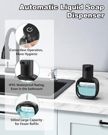 Автоматичний диспенсер для мила Dalugo з USB-C, настінний, 500 мл, електричний, сенсорний, регульований, чорний, для кухні та ванної кімнати