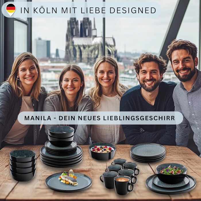 Набір посуду SÄNGER Manila 24 частини: 6 тарілок, 6 сніданок, 6 глибоких тарілок, 6 мисок для пасти, блакитний з чорним обідком, кераміка для 6 осіб