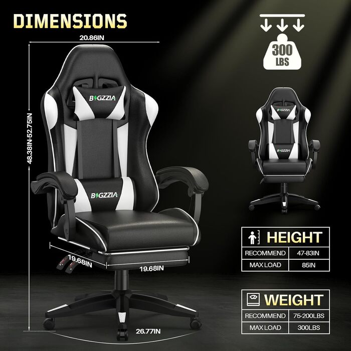 Ігрове крісло Bigzzia Ergonomic Gaming Stuhl з підніжкою та функцією масажу, біле
