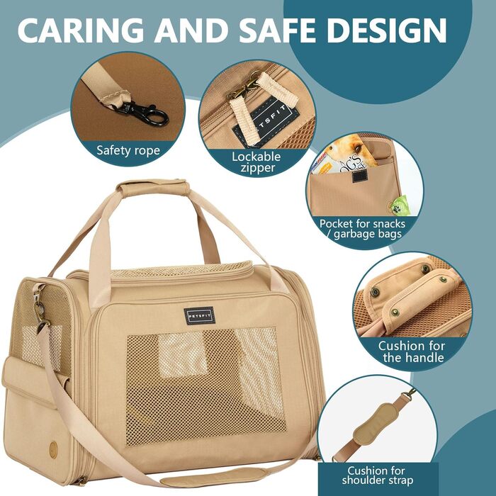Транспортна переноска для котів та собак Petsfit, складана сумка-переноска, 50L x 33B x 33H см, з м'яким розкладним килимком та регульованим плечовим ременем, Khaki