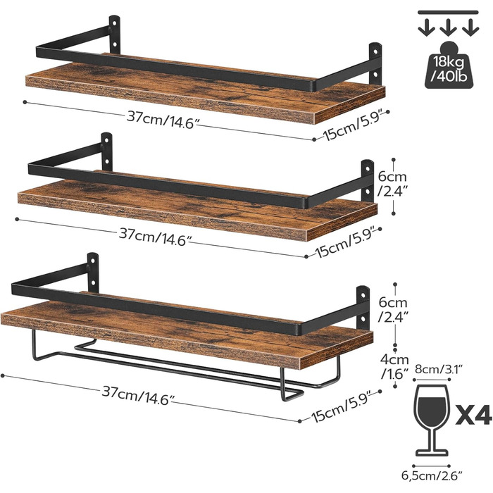 HOOBRO Wall Mounted Wine Racks 3-Piece Set, Wine Racks, Hanging Floating Wall Shelves, Wine Glass & Bottle Holders, Stemware Holders, for Living Room, Dining Room, Kitchen, Vintage Brown and Black EBF34BJ01