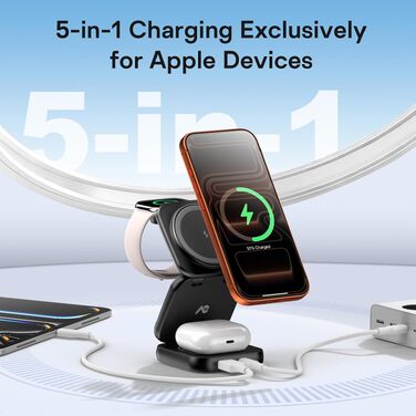 Бездротова зарядна станція AC Island 5-в-1 для iPhone 17/16/15/14/13/12, Apple Watch Ultra/11 та AirPods Pro, MagSafe, складана, срібляста (з адаптером 35W)