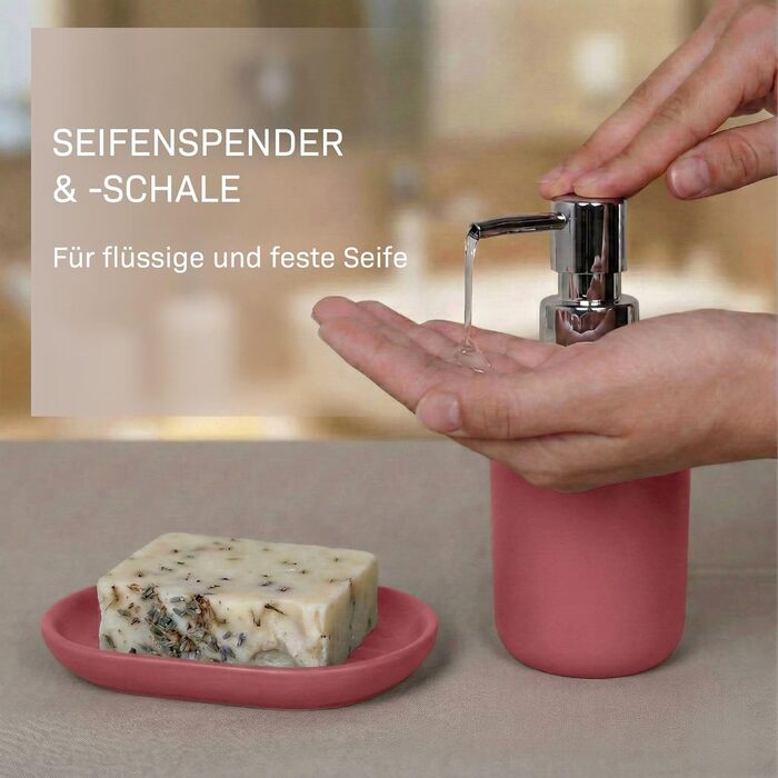 Набір аксесуарів для ванної кімнати 6 предметів, пластик, червоний: туалетний набір, кошик для сміття, стакан для зубних щіток, мильниця, дозатор для мила, декор