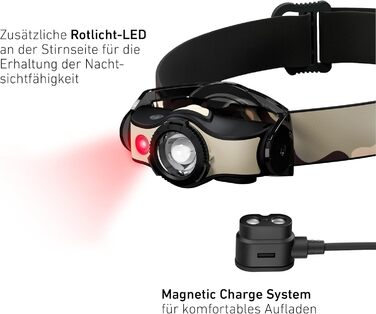 Налобний ліхтар Ledlenser MH4 чорний, акумуляторний, 400 люмен, LED, фокусування, до 35 годин роботи, червоне світло, металевий кліп, для полювання та риболовлі