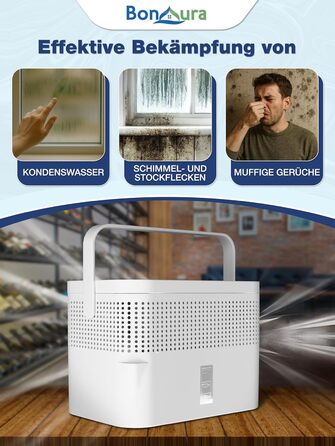 BonAura® Безструмний осушувач повітря - для підвалів, ванних кімнат та ін. - 980г осушувального грануляту в комплекті - Захист від плісняви (Off White + 5 X Гранулят)
