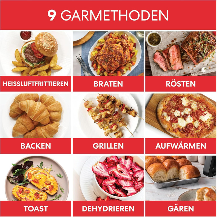 Мультифрітюрниця-піч 13л з 9 програмами та поворотним шампуром - для смаження, грилю, запікання, тушкування, випікання, тостування, розігріву, дегідратації та бродіння. Потужність 1700W, чорний колір