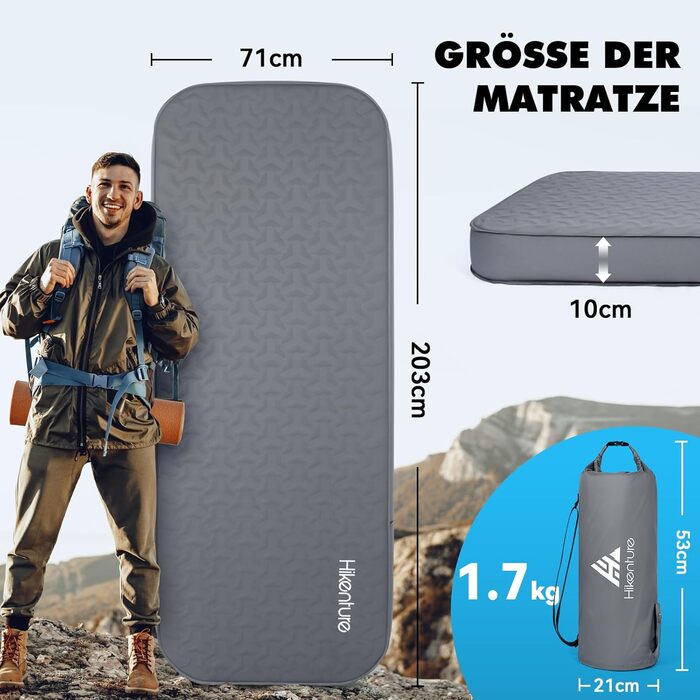 Каремат HIKENTURE самонадувний з вбудованим електронасосом, 10 см товщини, для кемпінгу, туризму та відпочинку на природі
