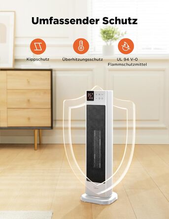 Керамічний обігрівач Midea NTH20-22ER(WH) – 2000 Вт, з термостатом, пульт ДУ, 75° осциляція, ECO-режим, для великих приміщень, білий