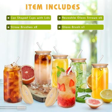 ZgoEC 16oz Cocktail Glasses Set, Drinking Glasses with Lid and Straw, 6pcs Can-Shaped Highball Glasses Set, Glasses with Lid and Straw, Coffee Cups Glass Cups with Straw, Gift