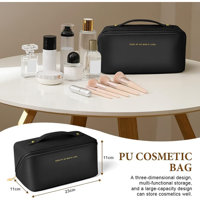 Чорна косметичка для подорожей з PU шкіри, велика місткість, водонепроникна, органайзер для туалетних аксесуарів