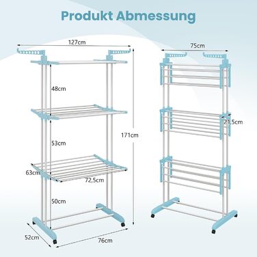 Сушарка для білизни GOPLUS 4-рівнева розкладна з 2 тримачами для вішалок, 3 висувними полицями, полицею для взуття та 4 колесами для використання в приміщенні та на вулиці (Блакитна)