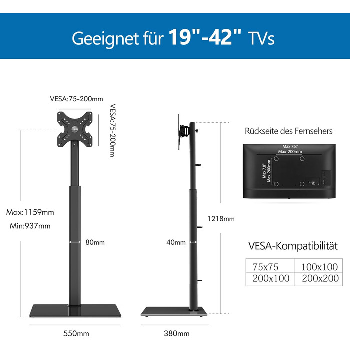 FITUEYES Adjustable TV Stand - Swivel & Tilt Floor Stand for 19-42 inch Flat & Curved TVs (up to 35kg, VESA 200x200) - White/Black