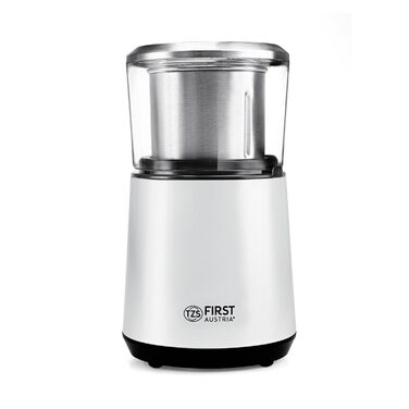Електрична кавомолка TZS First Austria, 200W, 27000 об/хв, 4 леза з нержавіючої сталі, контейнер 50г, тиха, компактна, легка у чищенні, з котушкою для кабелю (біла)