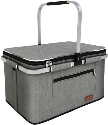 Термосумка-кошик 35L для покупок, пікніків, кемпінгу та подорожей. Ізольована термосумка-кошик сірого кольору з водонепроникним внутрішнім кишеньком та бічною підтримкою.