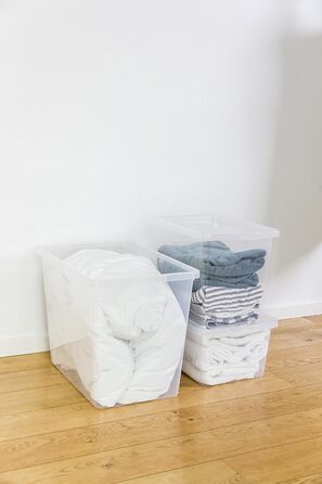 Kreher XXL Storage Box with Lid made of Plastic in Transparent. Holds approximately 135 liters. Dimensions approximately 78 x 56 x 41 H cm.
