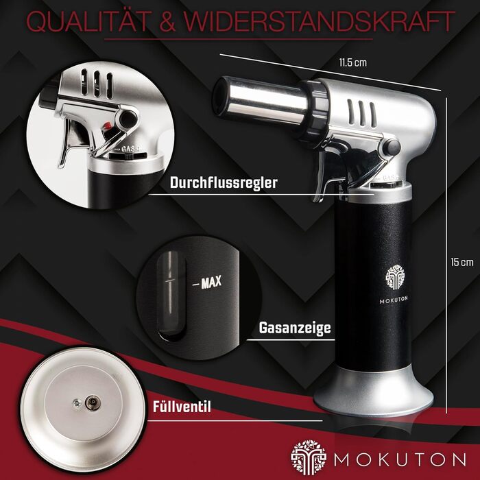 Професійний газовий пальник MOKUTON з можливістю заправки бутаном - кухонний Бюксенбернер для крем-брюле, точне регулювання полум'я, просте використання та виняткова довговічність