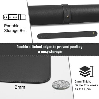 Підкладка для миші та столу Leder (Шкіра) 80x40 см, чорна - килимок для письма, офісний аксесуар для комп'ютера та ноутбука