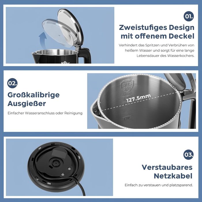 Електричний чайник Bear 1.7L з регулюванням температури, нержавіюча сталь, захист від сухого кип'яття, BPA Free