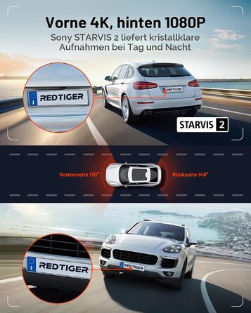 Автомобільний відеореєстратор REDTIGER 4K STARVIS 2 з передньою та задньою камерами, CPL-фільтром, 3.18